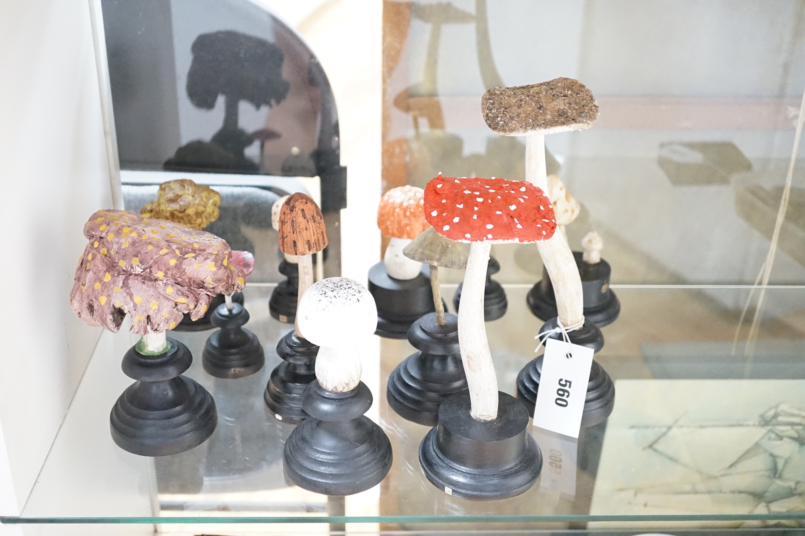 Twelve carved wood fungus specimen models, tallest 24cm